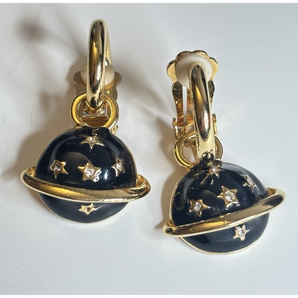 Vintage Y2K Celestial Saturn Planet Rhinestone Star Black Enamel Drop Earrings